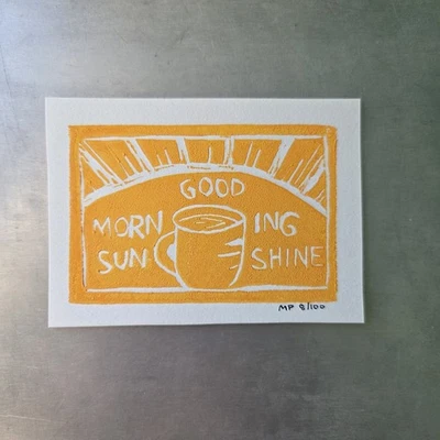 原装 Linocut 早安 阳光 咖啡 ACEO 印花 — 第 1/3 张图片