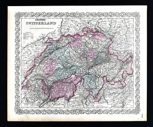 1874 Colton Map Switzerland Lucerne Zurich Geneva Swiss Alps Bern Basel Europe - Picture 1 of 4