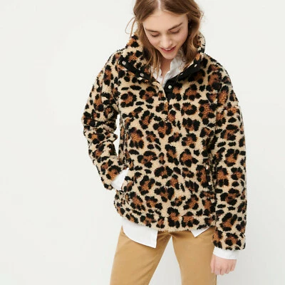 Sudadera Sherpa J.Crew cuello a presión nueva con etiquetas en leopardo talla mediana Foto 1 de 4