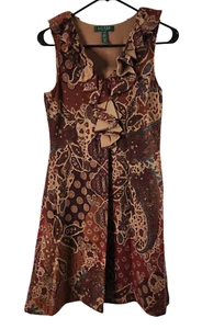 Ralph Lauren Womens Petite M Sleeveless Paisley Dress Ruffle Trim V-Neck PM - Picture 1 of 4