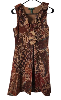 Ralph Lauren Womens Petite M Sleeveless Paisley Dress Ruffle Trim V-Neck PM - Image 1 of 4