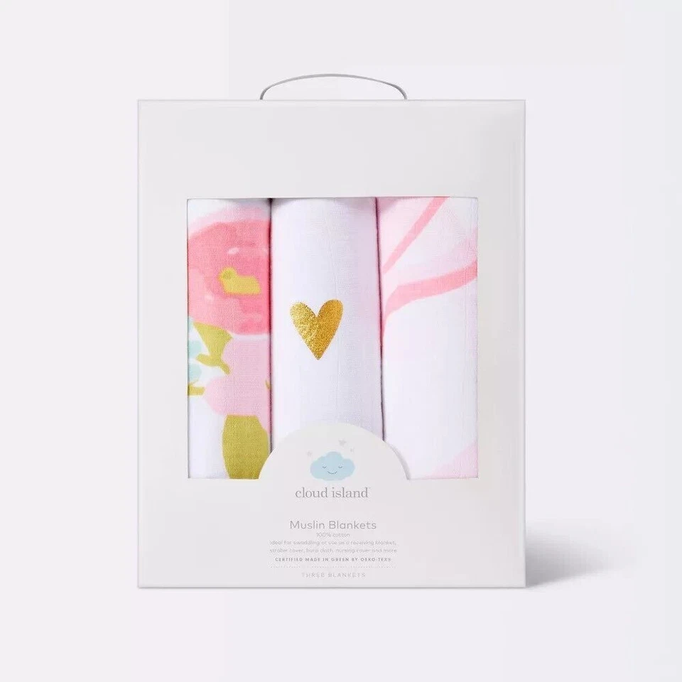 Cloud Island Muslin Swaddle Blankets, Floral Pink - 3 Pack