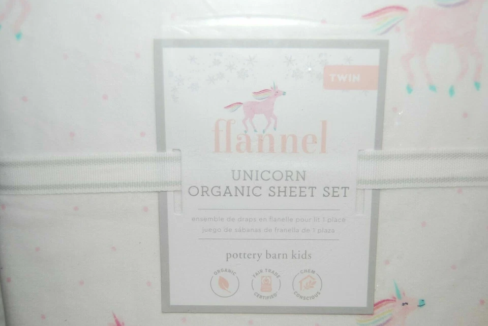 NEW Pottery barn kids Organic Flannel Rainbow Unicorn TWIN Sheet set Pink Horse  - Image 1 of 4