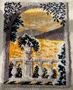 Vintage Abstract Arch Scene MCM Tapestry Hanging Latch Wool Readicut Rug 1960s - Picture 1 of 8