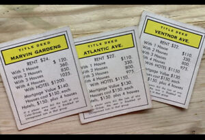 Monopoly Vintage Yellow Property Cards. Marvin, Atlantic, Ventnor  
