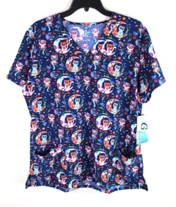 Halloween GT Performance Scrub Top, Navy Blue Cats and Moon, Women's Size Large - Picture 1 of 6