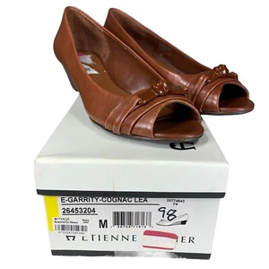 NIB NEW Etienne Aigner Garrity Women’s 6.5 M Cognac Brown Leather Shoes Peep Toe - Picture 1 of 12