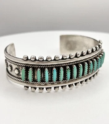 Turquoise Needle Point Zuni Sterling Silver Cluster Cuff Bracelet 30.7g 6.5” - Image 1 of 4