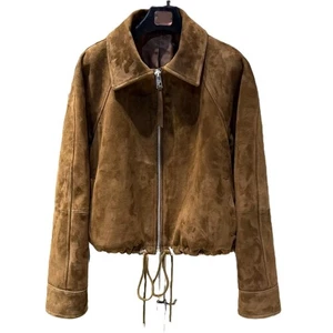 Women's Brown Real Suede Leather Jacket Zip Front Drawstring Casual Wear Jacket - Picture 1 of 10