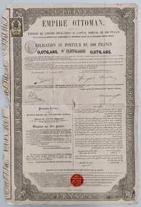 Turkey, 1870, Ottoman Empire - Vintage Debt / Bond Certificate, 400 Francs - Picture 1 of 2
