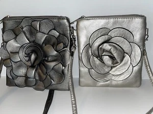 FLOWER-ADORNED METALLIC CROSSBODY BAGS with 3D Flower - SET OF 2 - Picture 1 of 2