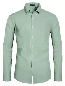 HISDERN Men's Green Dress Shirt Casual Long Sleeve Botton Down Shirts Formal - Picture 1 of 8