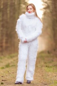 SUPERTANYA white turtleneck mohair catsuit sweater fuzzy thick bodysuit handknit