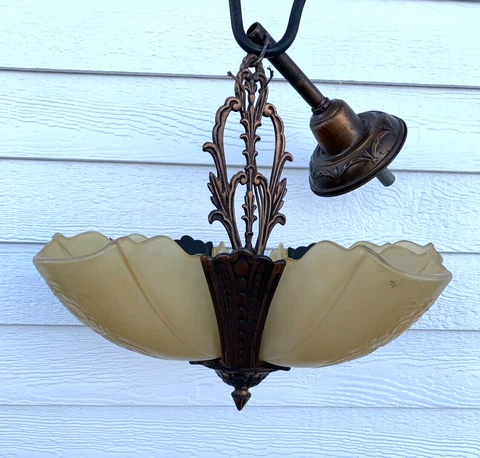 Art Deco 5 Light Slip Shade Light Fixture Ceiling Chandelier Satin Tan Antique Cover