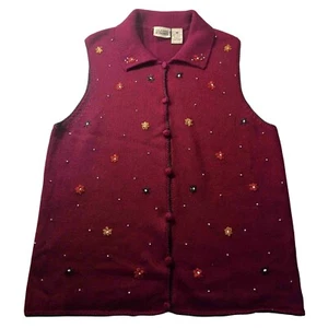 Classic Elements Embroidered Sweater Vest M Burgundy Floral Holiday Beaded Knit - Picture 1 of 5
