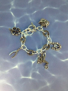 VIEL GLÜCK SILBER MARKASITEN BETTELARMBAND KNEBELVERSCHLUSS EULE FROSCH HUFEISEN KLEE - Bild 1 von 3