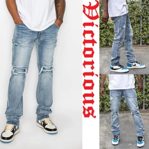 Victorious Men's Stacked Fit Raw Edge Distressed Denim Jeans DL1483EY - Picture 1 of 7