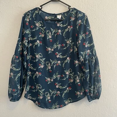 Disney Lauren Conrad XS Snow White Red Sequin Apple Blue Blouse Keyhole Back - Imagem 1 de 4