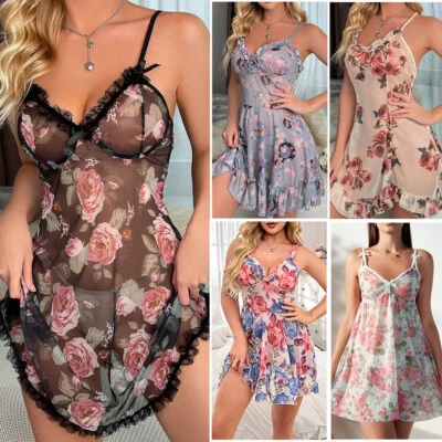 Sexy Lingerie Women Nightgown Sheer Babydoll Sleepwear Underwear Slip Dress Set - Image 1 of 4