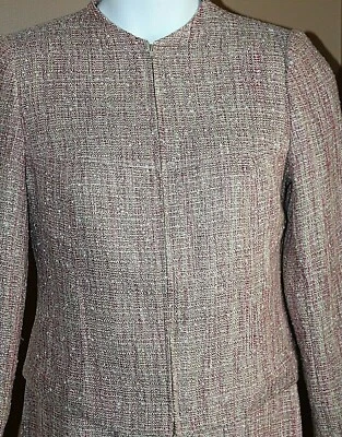 Ellen Tracy Pink Tweed Jacket Blazer Full Zip Lined Collarless 6 - Image 1 of 4