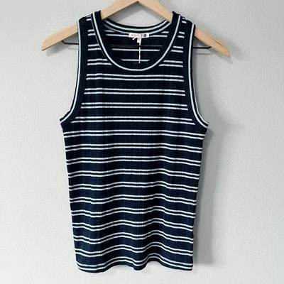 Sundry Variegated Rib Stripe High Crew Neck Tank Top Deep Navy Blue Size Large - Image 1 of 4