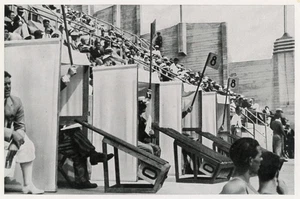 Gymnastics Judges in their cubicles 1936 Olympics orig German Collector Card - Picture 1 of 2
