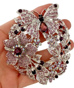 Large Butterfly Flower Brooch Silver Purple Crystals 4" Pin Statement Stunning - Picture 1 of 14