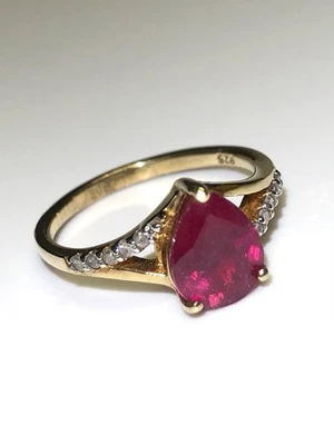 Natural Ruby & Diamond Ring – 925 Sterling Silver Gold Plated – Pear Cut Ruby - Image 1 of 4