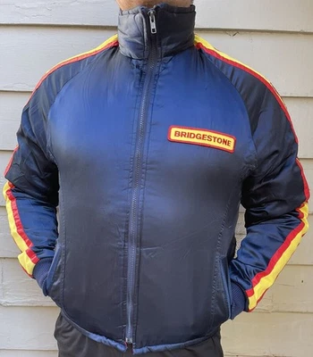 Vintage Bridgestone Racing Dark Blue Satin Stripe Jacket Coat Sz M 1970s 1980s - Image 1 of 4