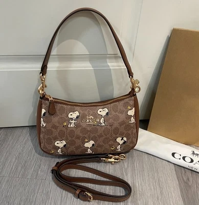 COACH x PEANUTS Teri Shoulder Bag Tan Brown Snoopy Print Signature Canvas CBJ88 - Image 1 of 4