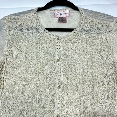 Cárdigan Suéter Jaclyn Smith Mujer Talla M Crema Crochet Perlas Brillantes Y2K Foto 1 de 4