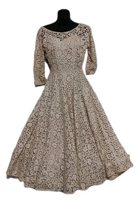 Vestido De Colección 1950 60 Encaje Cuentas Tul Falda Completa Marfil Columpio Baile de graduación Fiesta XS Pequeño Foto 1 de 4