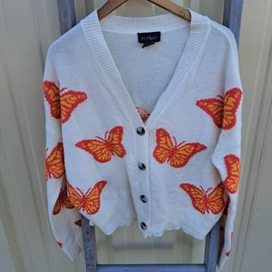 Runway Large Butterfly Orange White Cardigan Sweater Y2k Women's - Picture 1 of 7