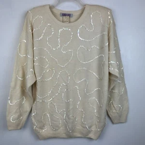Amanda Smith Sweater Womans M Silk Blend Sequin Ivory Pull Over Vtg New - Picture 1 of 11