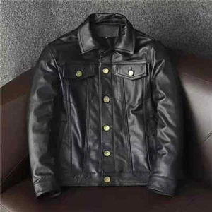 Black Trucker Jacket Men's Button Lambskin Real Leather Shirt Soft Western - Picture 1 of 6
