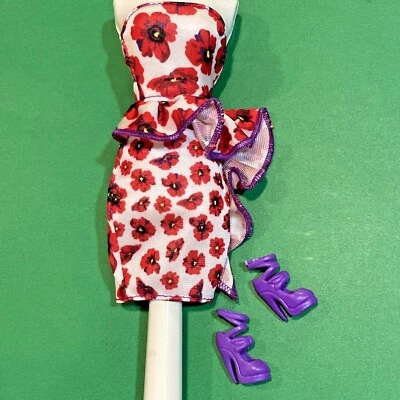 Barbie Fashion Avenue Pretty Red Floral White Party Dress with Purple Shoes 🌹 — 第 1/2 张图片