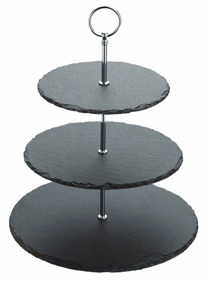 True Face 3 Tier Natural Slate Cake Stand - Black