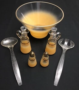 VTG 1950's Anchor Hocking Blendo Serving Set Salad Bowl Cruets Shakers Orange - Picture 1 of 14