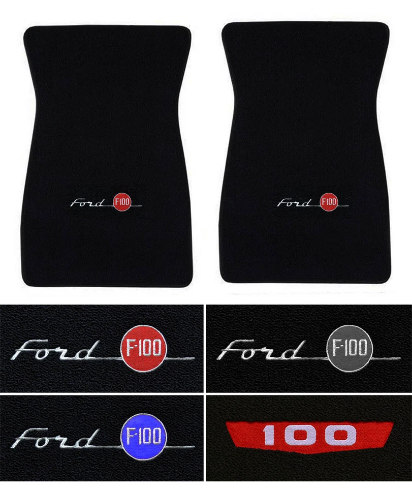 New! 1953 - 1973 Ford F-100 CARPET Black Floor Mats w/ Embroidered Logo Pair 2pc - Image 1 of 4