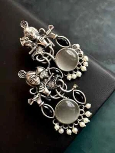 Indian ethnic oxidised silver tone radha krishna statement pearl ascents earring - Picture 1 of 3