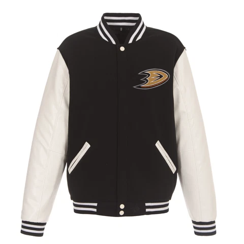 NHL  Anaheim Ducks  Reversible Fleece Jacket PVC Sleeves  2 Front Logos Black Cover