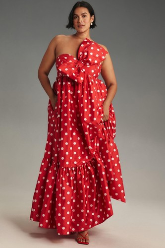 VALENTINO Abito maxi Anthropologie M nuovo con etichette Atsu Sally fiocco midi rosso a pois vacanza