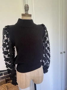 French Connection Womens Skivvy Black Sz Med Lace Floral Sleeves. New With Tags. - Picture 1 of 15