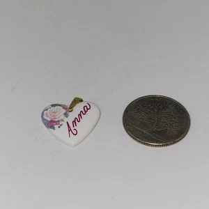 "Anna” Heart Shaped Kiln Fired Porcelain Metal Bail Pendant  Pendant ONLY flower - Picture 1 of 3