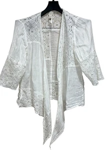 Cárdigan Chicos Blanco Lino Encaje Frente Abierto Cottagecore Kimono Boho Festival Top - Imagen 1 de 9