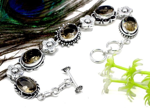 VALENTINO Bracciale gioielli fatti a mano argento sterling 925 quarzo fumé pietre preziose S 7 8"