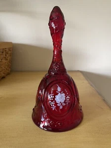 Fenton Glass Ruby Red Bell ROSE Hand Painted Signed 6.5”H Floral - Picture 1 of 8