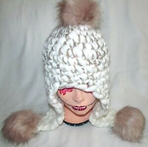 New Free People Snow Castle Ivory Chunky Cable Knit Trapper Pom Pom Hat One Size