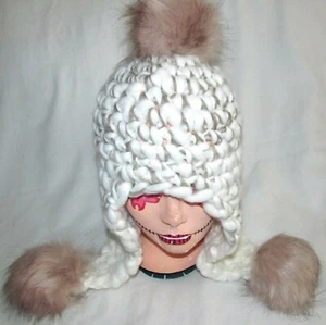 New Free People Snow Castle Ivory Chunky Cable Knit Trapper Pom Pom Hat One Size - Picture 1 of 5