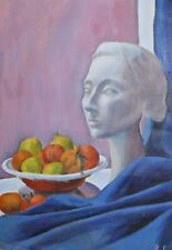 Modernist oil painting fruits & female head sculpture still life